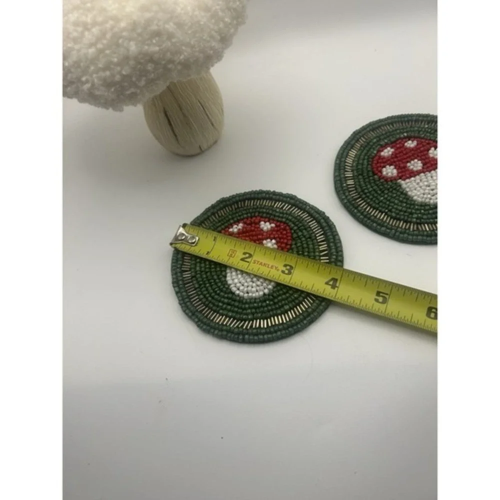 3-PC Pair Mushroom Themed Beaded Coasters‎ & Decorative Mushroom Table Decor